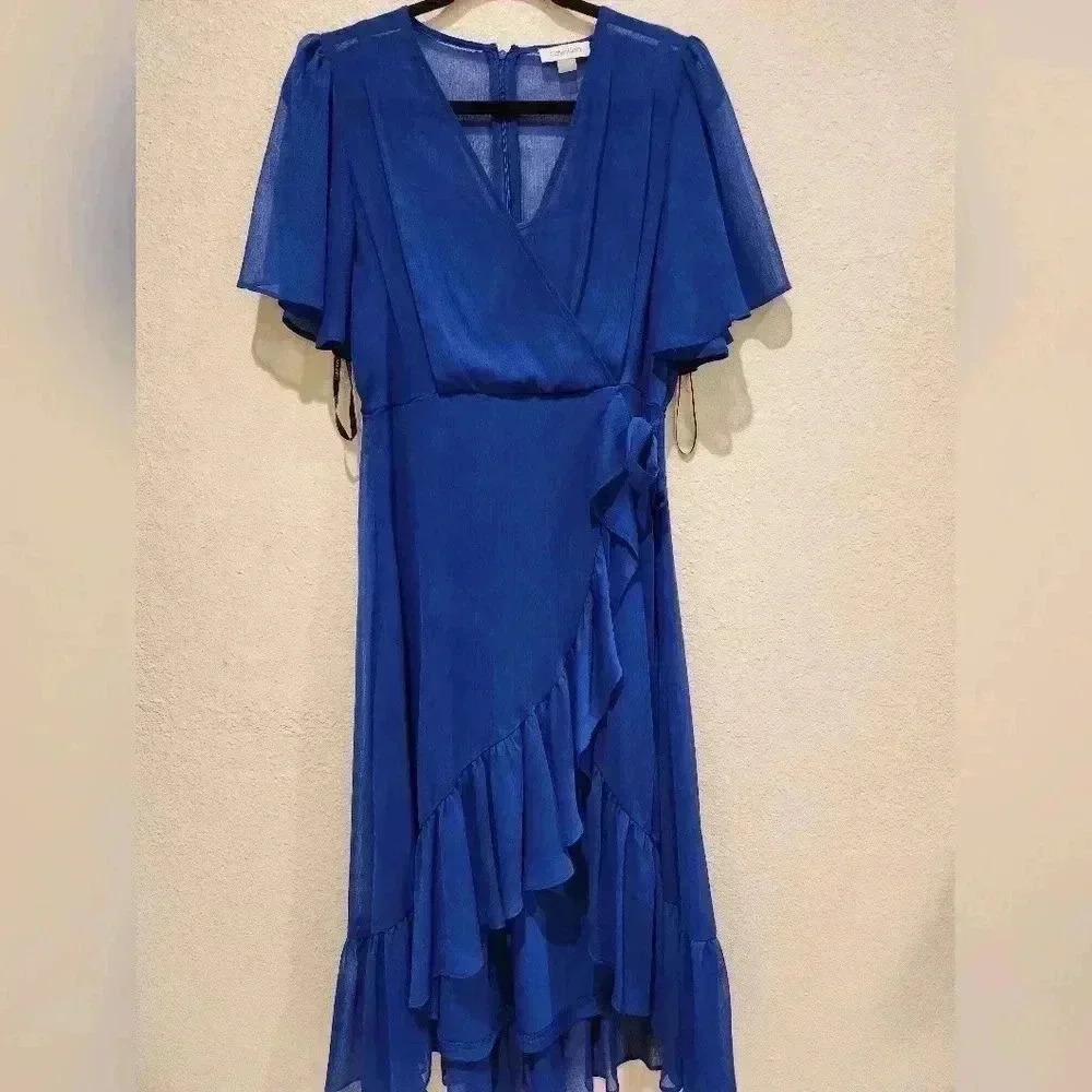 Calvin Klein Asymmetrical Chiffon Cocktail Tiered Midi Dress Size 8